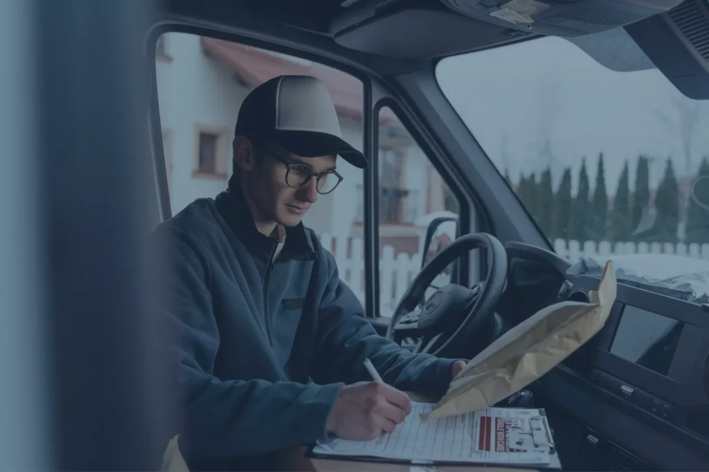 RouteSure driver logging a delivery from the cab of the van