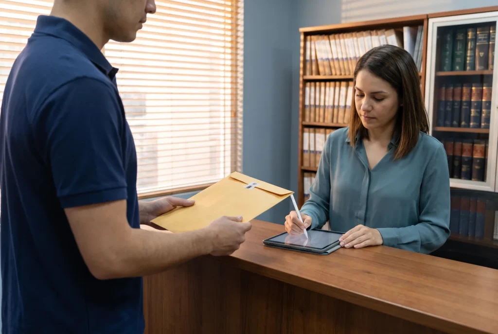 Courier handing a sealed document envelope to a receptionist signing at a law office counter