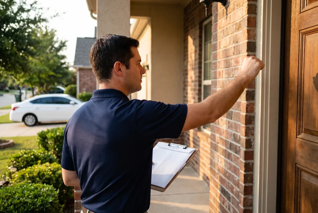 Process server in a navy polo knocking at a suburban front door with a sealed envelope and clipboard