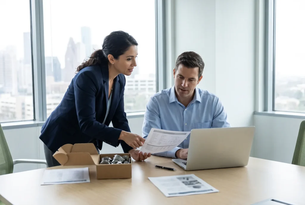 Two professionals at a conference table reviewing a specification sheet beside a box of hardware parts and a laptop