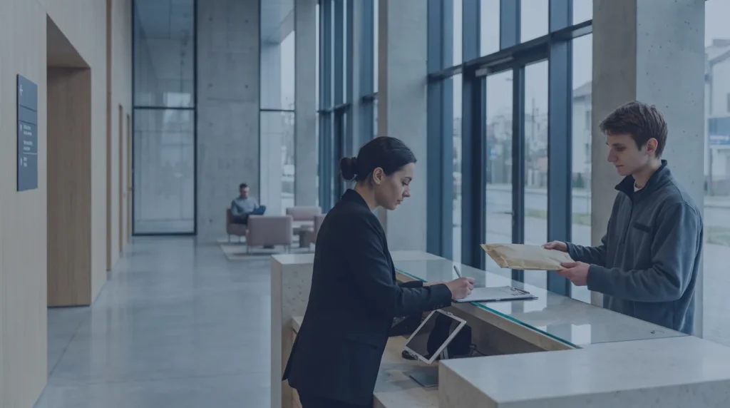 RouteSure courier handing a padded envelope to a receptionist and collecting a signature