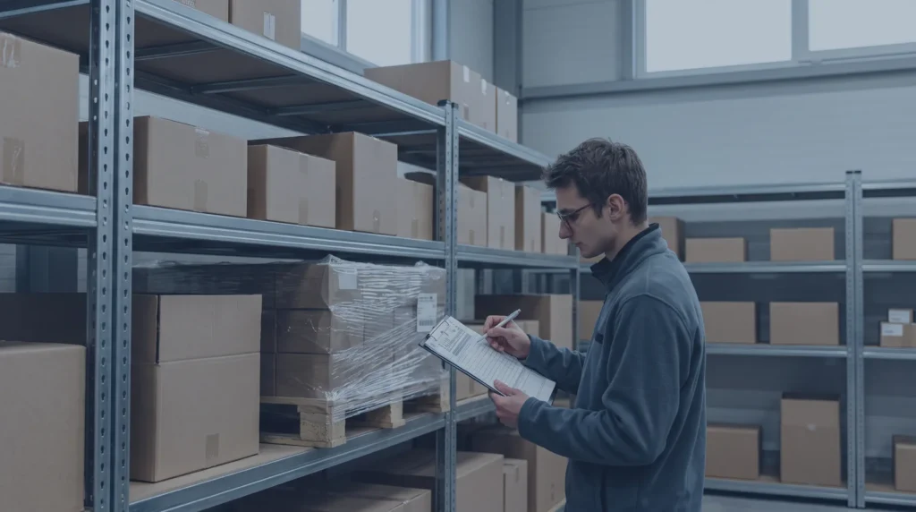 Parcels and pallets staged on shelving while a worker checks a paper manifest