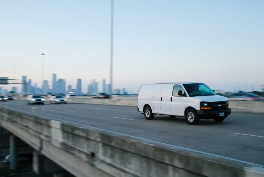 White delivery van driving along an elevated Houston freeway with the downtown skyline behind